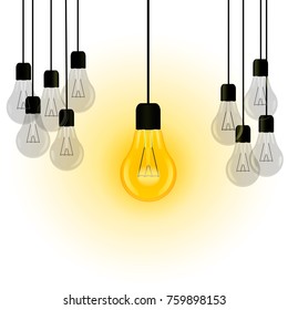 A vector image is an included lamp among several turned off lamps on a white background. Vector illustration for your design