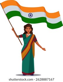 imagem vetorial para o dia da independência da índia, menina indiana com bandeira indiana, ilustração para o dia da índia com bandeira nacional