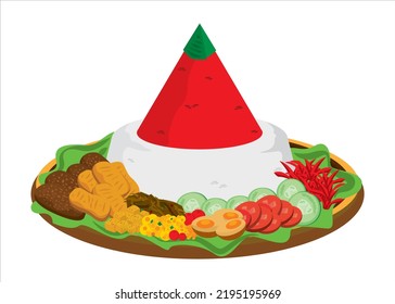 Vector Image: Indonesian cone-shaped rice dish with side dishes of vegetables and meat (Javanese cuisine Called: Tumpeng)
