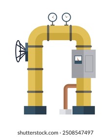 Uma imagem vetorial de um sistema de tubulação industrial com medidores em um fundo branco, simbolizando infraestrutura, engenharia e tecnologia industrial. Adequado para temas técnicos ou ambientais.