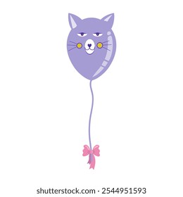 Vector image of an inflatable balloon in the shape of a cat. The balloon is a bright, childish cat's head. Purple cat, with a bow. Isolated on a white background.