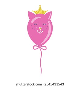 Vector image of an inflatable balloon in the shape of a cat. Balloon - bright, childish cat head. Pink cat in a crown. Isolated on a white background.