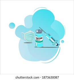 Imagen vectorial de la inyección y ilustración de la máscara de la vacuna sobre el fondo líquido