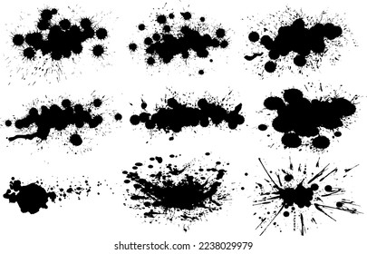 Vector image ink black blob, liquid flows, stains. Paint drops of ink. Ink splashes. Paint splatter. Black spots. Stencil molten drops