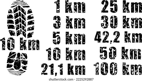 Vector image ink grunge sport footprints, runner, running, kilometres phrase