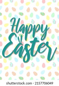 Vector image of an inscription with bunny ears on the colorful eggs background. Hand-drawn Easter illustration for spring happy holidays, summer, greeting card, poster, banner, children, print, decor