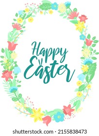 Vector image of an inscription with rabbit's ears in the wreath of flowers. Hand-drawn Easter illustration for spring happy holidays, summer, greeting card, poster, banner, children, print, decor