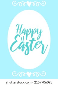 Vector image of an inscription with rabbit's ears and decorations on a blue background. Easter illustration for spring happy holidays, summer, greeting card, poster, banner, children, print, decor