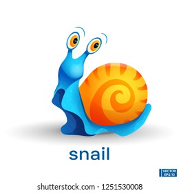 Vector image of an insect. Cute blue cartoon character snail with a yellow shell.
