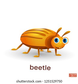 Vector image of an insect. Cute yellow cartoon striped beetle.