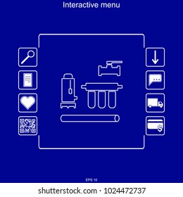 Vector image of the interactive menu for purchasing water supply and cleaning systems in the multifunction menu with the ability to search, deliver and pay for goods
