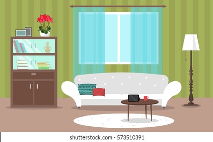 vector image, interior, flat style. Room interior with sofa, lamp, window. 