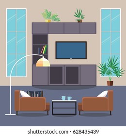 Vector image. Interior room, living room. TV, cinema, flowers, lamp