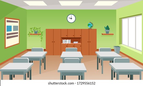 Vector image of an interior of a school class. Student office with desks, cupboard, stands, globe.