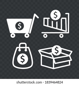Vector image. Internet shopping icons. Shopping cart, bag and box icons.