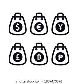 Vector image. Internet shopping icons. Shopping bag icons with different currencies.