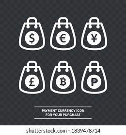 Vector image. Internet shopping icons. Shopping bag icons with different currencies.