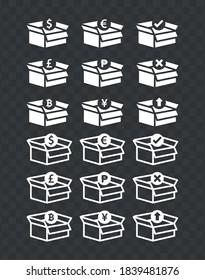 Vector image. Internet shopping icons. Icons of a shopping box with different currencies.