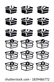 Imagen vectorial. Iconos de compras por Internet. Iconos de una caja de compras con diferentes monedas.