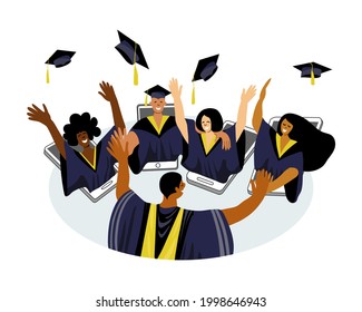 Vector image of interracial group of students celebrating graduation online. Concept of virtual remote graduating ceremony. People of color in higher education system. Graduates of college, university