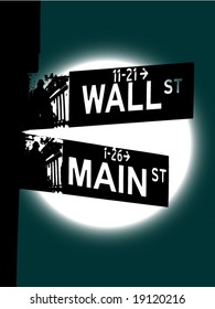 Vector image of intersection of Wall St and Main St. Concept for financial crisis. Full moon in background