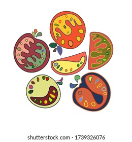 Vector image of intertwined tomatoes. Sketches of vegetables. 
vector image for restaurant menu, social networks, sketches. For advertising postsillustration for vegans. for a vegen menu, for stickers