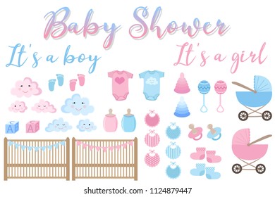 Vector image of an invitation card for baby shower. Set of items for greeting cards for newborn boy and girl. Illustration for boys and girls in blue and pink shades with inscriptions.
