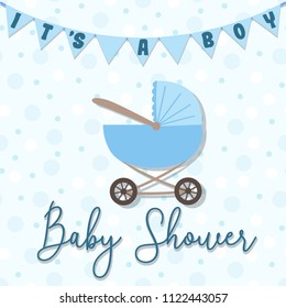 Vector image of an invitation card for a children's holiday. Baby Shower illustration for a boy on a blue background with a stroller, flags and inscriptions.