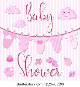 Vector image of an invitation card for a children's party. Baby shower illustration for a girl on a pink striped background with sliders, clouds, toys and an inscription.