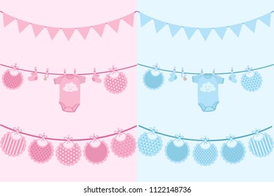 Vector image of invitation cards for newborns on the holiday baby shower. Illustration for boys and girls with bibs, sliders and flags.