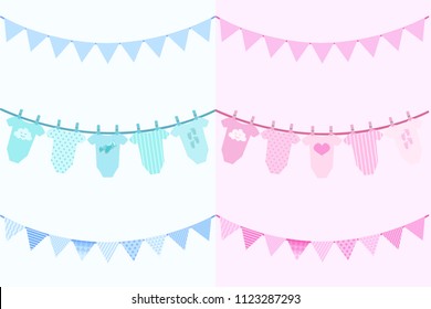 Vector image of invitation cards for newborns on the holiday baby shower. Illustration for boys and girls with sliders and flags.
