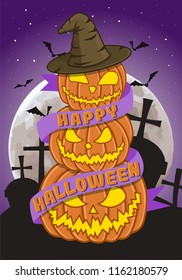 Vector image of an invitation or greeting flyer on a purple background with images of pumpkins, moon, bats, graves and witch hat. A cartoon illustration with the inscription Happy Halloween.