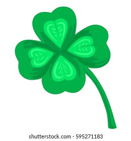 A vector image of an Irish green clover with four leaves is a symbol of luck and happiness. Isolated color image on white background.