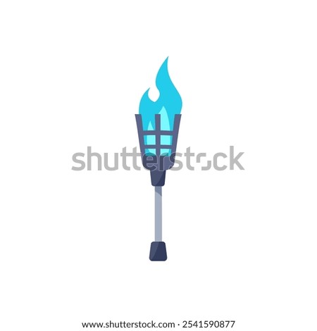Vector with an image of an iron torch with a magical blue flame. Sparkling sparks and fiery light create an atmosphere of antiquity for game icons or themed designs.