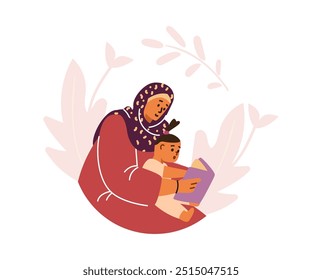 Vector image of islamic woman in hijab reading a book while holding a baby. Close-ups of characters on a background of leaves, perfect for stickers or logos. Flat style. Isolated background.