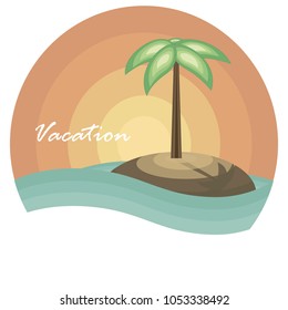 vector image of an island with a palm tree in the sea. inscription vacation. 