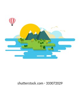 Vector image of Islands in the sea. Mountains and forests, hot air balloons and clouds