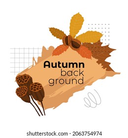 Vector image with an isolated abstract design, frames on the theme of autumn. Geometric shapes, dried lotus boxes, fallen yellow leaves, chestnut are depicted. There is an empty space for text, title.