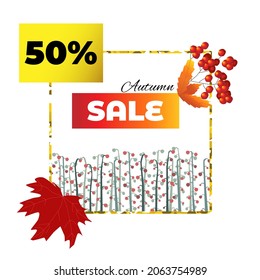 Vector image with an isolated abstract design, frames on the theme of autumn. Dried yellow, red leaves, geometric forms valley berries, viburnum are depicted. There is an empty space for text, title.