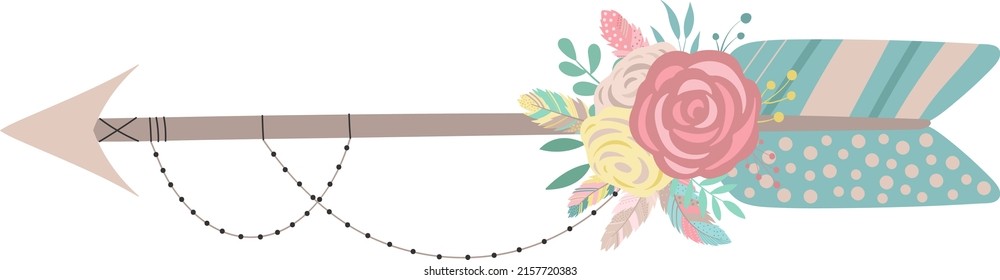 Vector image of an isolated arrow in boho style with flowers, feathers and beads. Hand-drawn illustration by national American motifs for baby, cards, flyers, posters, prints, holiday, children, home