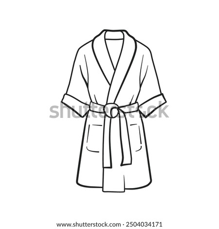 Vector image of an isolated bathrobe, perfect for loungewear and fashion stock illustrations. Simple black and white outline with a belt and pockets, ideal for cozy, relaxation, and spa-themed designs