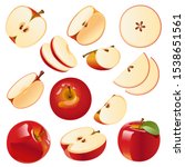 Vector image Isolated drawing apples on a white background, red apples, apple slices, apple slices, sliced apples.