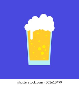 Vector image of isolated glass of beer on purple background in flat style. Icon of lager in design. Sign with alcoholic drink. Made from natural ingredients of malt and hops. Not allowed for children