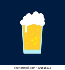 Vector image of isolated glass of beer on dark background in flat style. Icon of lager in design. Sign with an alcoholic drink. Made from natural ingredients of malt and hops. Not allowed for children