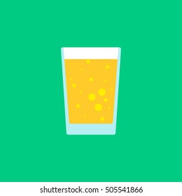 Vector image of isolated glass of beer on green background in flat style. Icon of lager in design. Sign with an alcoholic drink. Made from natural ingredients of malt and hop. Not allowed for children