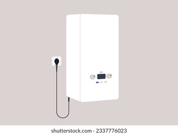 A vector image of an isolated home water boiler plugged in