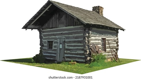 Vector Image or an Isolated Log Cabin with a Lawn 