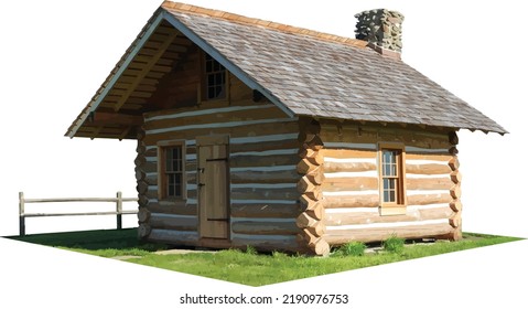 Vector Image of an Isolated Log Cabin with a Lawn and Fence