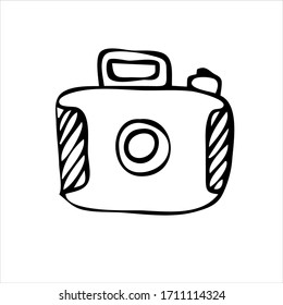 Vector image isolated on white background in doodle style. The camera is pretty. To capture moments of vacation, vacations, wonderful travel moments, amazing moments. For coloring books.