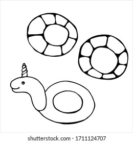 Vector image isolated on white background in doodle style. Inflatable children's circle for swimming in the sea, pool and ocean. For coloring books, stickers, product design about the rest.
